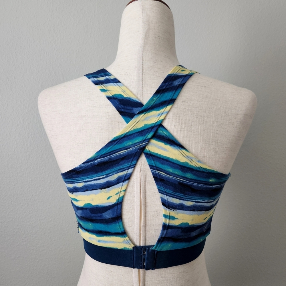 GAIAM Blue Yellow White Sports Bra With Criss-Crossed Keyhole Back, Size Medium